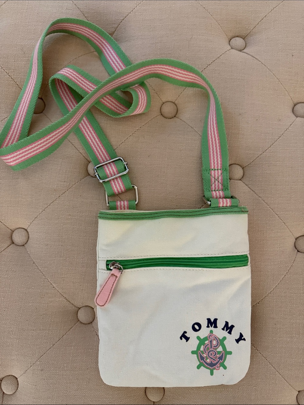 Tommy Hilfiger Cream Crossbody Bag with Pink & Green Straps